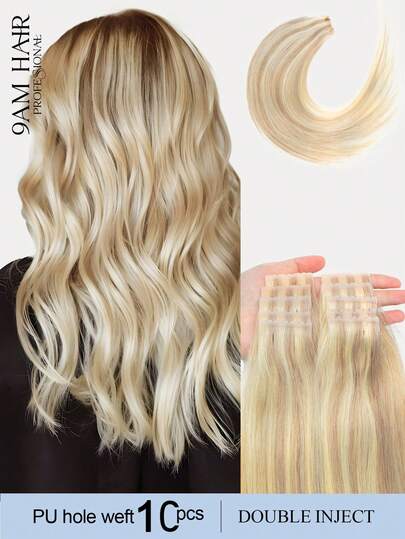 10Pcs Double Inject Hole Weft Hair Extension, Twin Tab, Natural Pull Through Micro Hair, Natural Look Hairpiece For Salon Natural High Quality Real Remy Human Hair