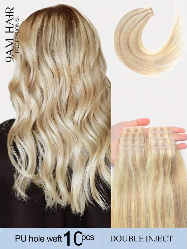 10Pcs Double Inject Hole Weft Hair Extension, Twin Tab, Natural Pull Through Micro Hair, Natural Look Hairpiece For Salon Natural High Quality Real Remy Human Hair