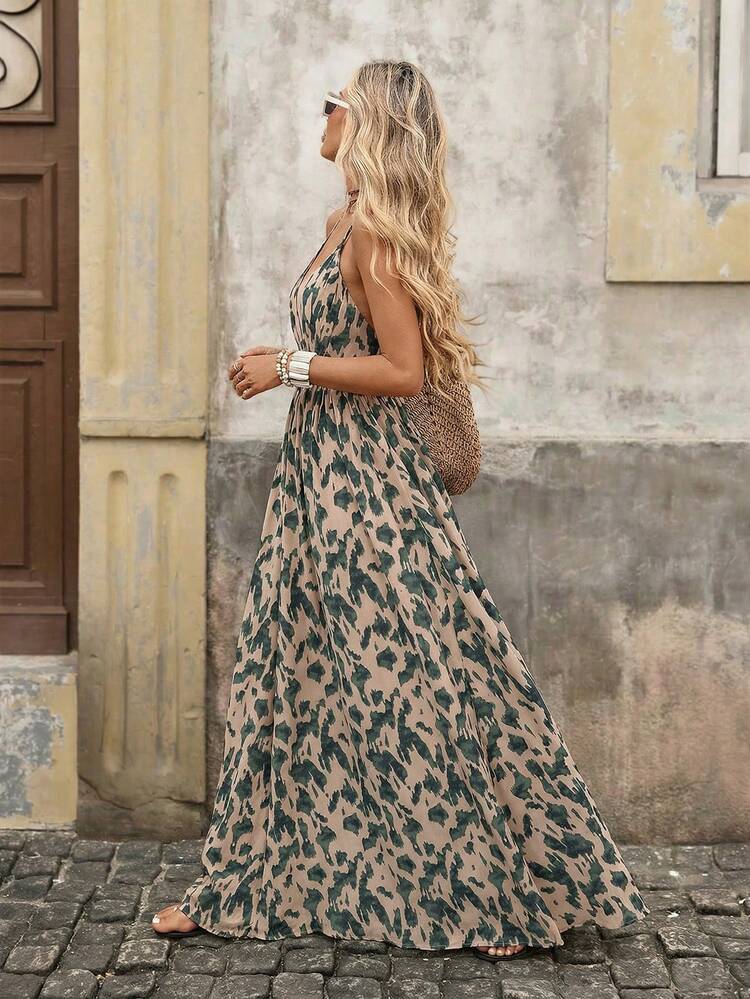 Brillora Vestido sin mangas de cuello en V con estampado total para vacaciones de verano de mujer - Verde - Añade 4