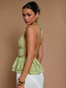 COSMINA Camiseta de tirantes finos con espalda descubierta y volantes en el bajo, para vacaciones de verano de mujer - Verde - Ver 4