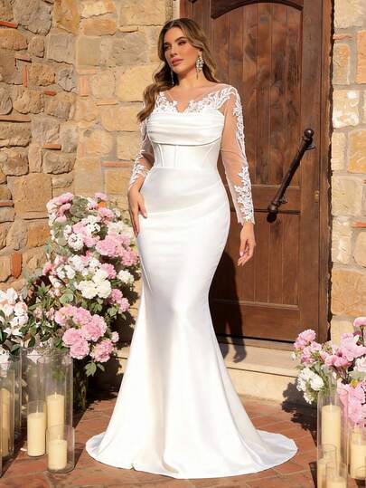 Glamrae Plus Size Elegant Luxurious Beige Sheer Long Sleeve Dress With Crystal Pearl Embroidered Lace, Mesh Patchwork, Elastic Satin, Fishtail Hem And Detachable Train, Suitable For Weddings, Parties, Honeymoons, Bridal