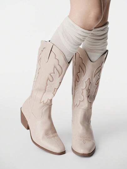 ROMWE Fairycore Women's Mid-Boots White Western Boots Thick Heel Slip-On Embroidered Knight Boots V-Mouth Leather Boots But Knee-Length Boots