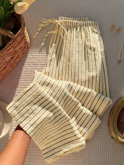 Comfortcana Khaki Women's Summer Vacation Pink Striped Pants