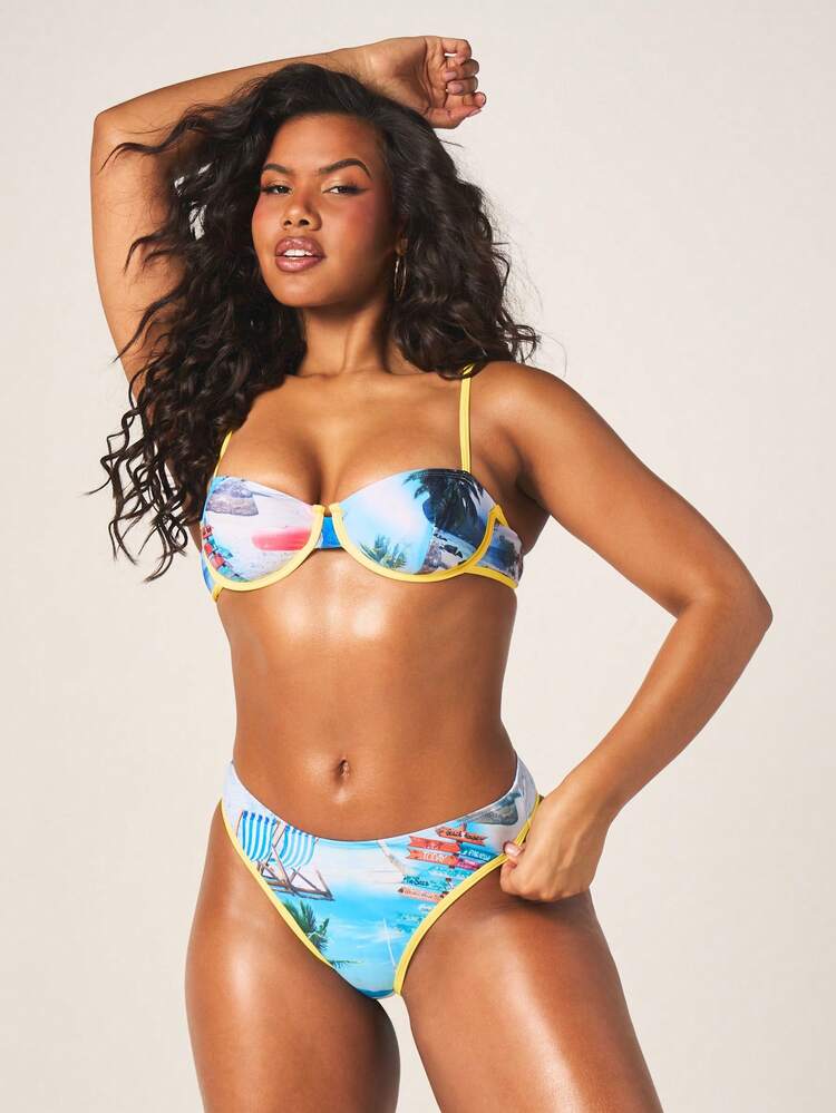 MISSGUIDED トロピカルシーンデザイン イエロートリム バンドゥ ワイヤー入り パッド入り ビーチプリントビキニトップ 夏用水着