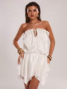 SHEIN BAE Women's White Strapless Satin Dress,Summer Ruched Twist Asymmetric Hem Bandeau Dress,Mama Mia Style,Perfect For Party,Vacation,Holiday & Nightclub - White - View 5