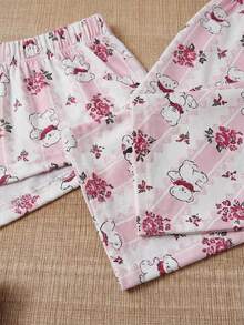 SHEIN Cute Pattern 3 Pieces Relaxing Lounge Set With Pocket Detailed - Pink - View 3