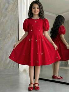 SHEIN 少女休闲优雅珍珠装饰泡泡袖拼接喇叭连衣裙，红色，春夏款 - 酒紅色 - 查看 5