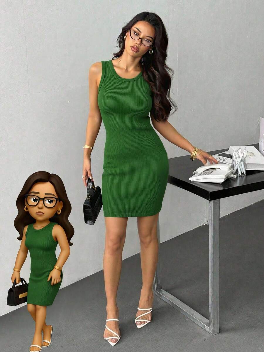 Vestido corto ceñido de tejido de canalé sin mangas de cuello redond - Verde - Ver 1