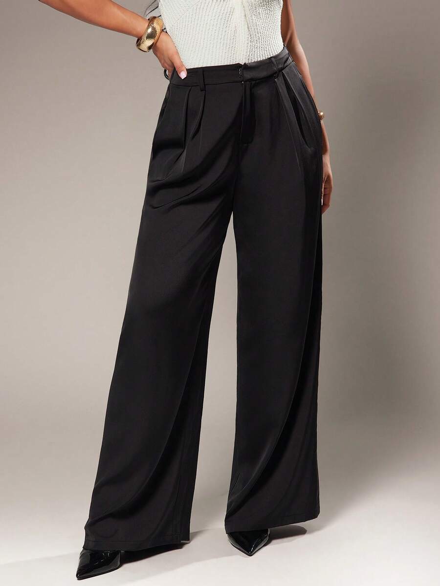 Radiana Women's Minimalist Modern Black Satin Loose Wide Leg Suit Pants, Office Wear Long Pants, Black Wide Leg Pants, High Waist Wide Leg Pants, Black Suit Pants, Satin Long Pants, Satin Suit Pants, Black Long Pants, Casual Pants - Black - View 1