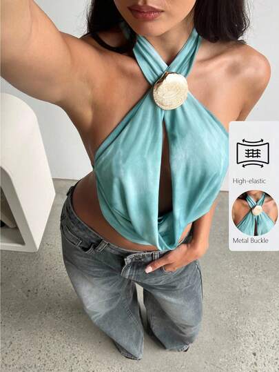 Aloruh Women's Sexy YTK Criss-Cross Wrap Draped Halter Neck Hollow Out Tie-Dye Print Backless Tank Top Beach For Woman Summer For Women Summer Tops Vacation Woman St Patrick,Going Out Top, Going Out Tops For Women ,Elegant Blouses For Women,Sexy Top Women