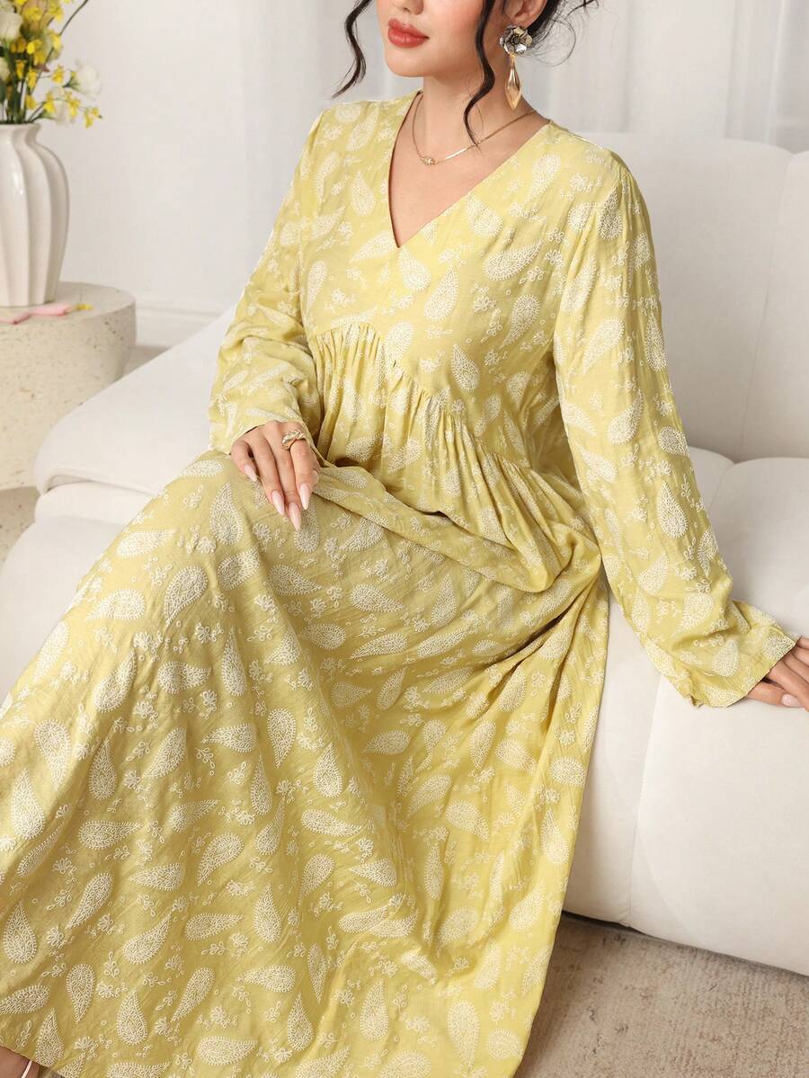 Al Najma Đầm dài tay dáng chữ A cổ chữ V eo cao in họa tiết mới, kiểu Ả Rập. - Màu vàng - Xem 1