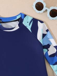 男童鲨鱼印花长袖泳衣套装 - 藏蓝色 - 查看 6