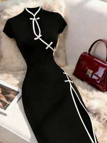 Franclia Fashionable Women's Chinese New Year Button-Up Dress, Elegant New Chinese-Style Dress, Contrast Trim Long Dress Split Dress Long Dress With Slit Black And White Dress Women High Stretch Dress Bodycon Dress Cheongsam Dress Qipao Dress - Black and White - View 1