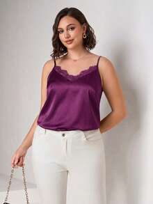 Chikora Plus Size Elegant Solid Color Lace Patchwork Camisole - Purple - View 4