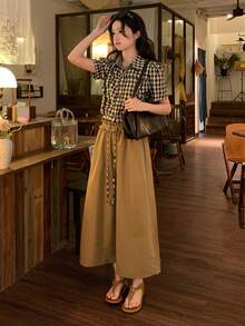 DAZY Bộ đồ mặc nhà mùa hè dành cho nữ gồm áo ngắn tay kẻ caro và quần dài màu trơn. - Nhiều màu - Xem 4