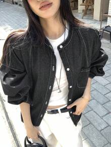 FRIFUL Women's Drop Shoulder Long Sleeve Single-Breasted Casual Denim Jacket - Black - View 3