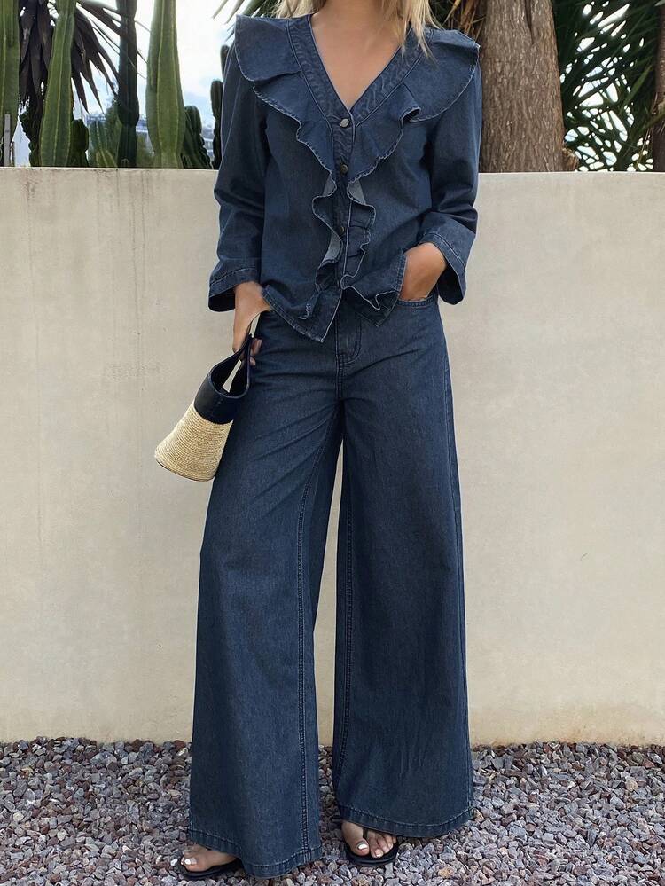 DAZY Conjunto de traje de mezclilla casual y elegante para mujer, compuesto por: Cárdigan de cuello en V de manga larga con volantes, blusa de mezclilla de parche, y pantalones rectos y sueltos de mezclilla - Azul lavado oscuro - Añade 8