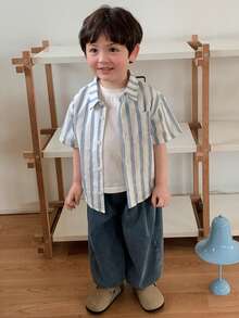 DAZY 男童翻领条纹休闲短袖上衣 - 淺藍色 - 查看 3