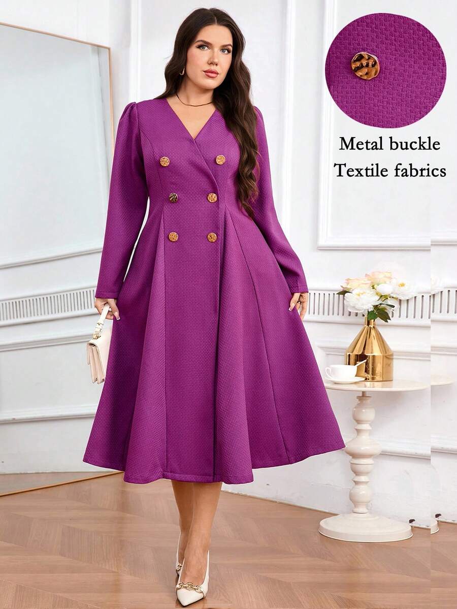 Modelyn Plus Size Elegant Solid Color Double-Breasted Commuter Dress - Hot Pink - View 1