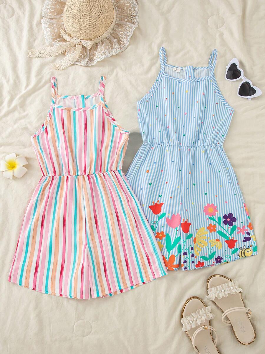 SHEIN Sparklyn 3pcs/Set Tween Girls Floral Print Jumpsuit, Loose Fit - Multicolor - View 1