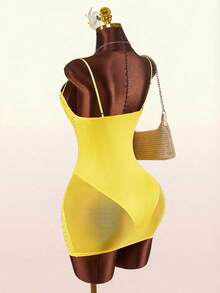 Amplova Women's See-Through Cup Detail Mini Dress, & Avant-Garde Sparkling Rhinestone Sparkly Yellow,Summer,70s,Night Out,Party Island Resort Dress - Yellow - View 13