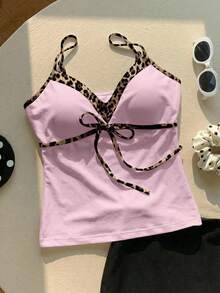 Comfortcana Áo hai dây nữ dáng ôm dễ thương, phối màu tương phản, họa tiết da báo, thích hợp mặc mùa hè, ngoài trời, thường ngày, họa tiết da báo, màu hồng. - Nhiều màu - Xem 5