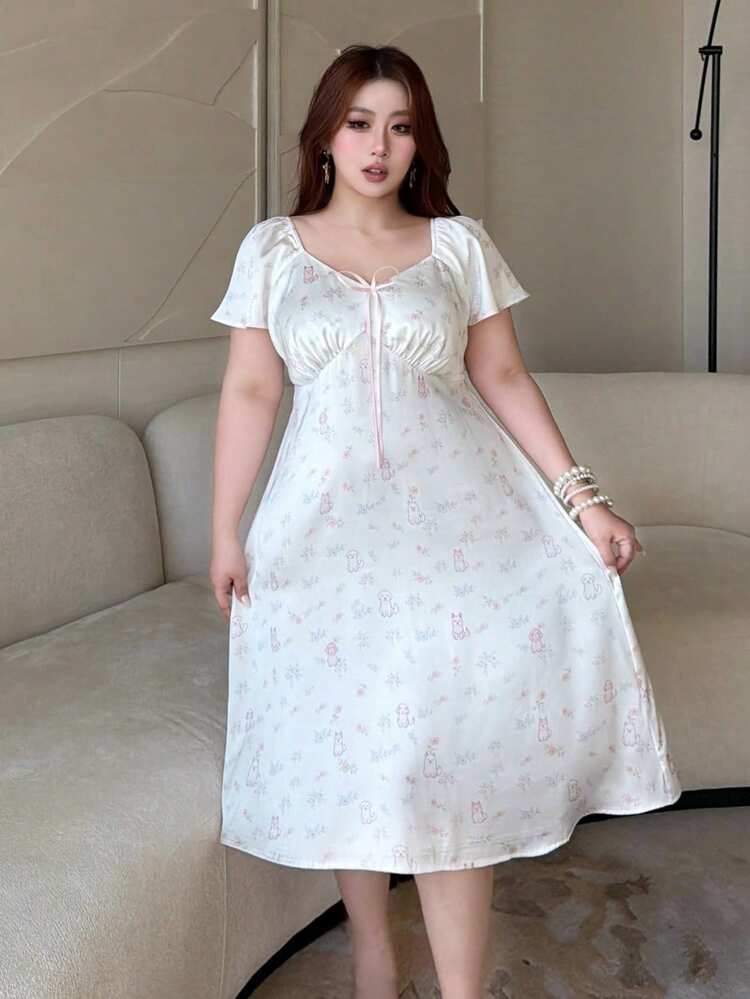 Dazy Plus Plus Size Women's Floral & Cartoon Dog Print Front Tie Raglan Sleeve Nightgown