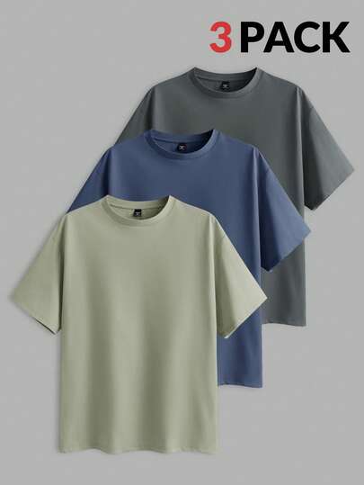 EASEVO 3pcs/Set Plus Size Men's Solid Color Fitted Crew Neck Short Sleeve T-Shirts, Casual Suitable For Summer Daily Wear