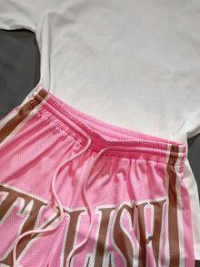 Muchica Women's Pink Mesh Letter Print Drawstring Waist Shorts - Pink - View 3