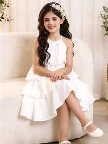 SHEIN Vestido de niña preadolescente de cuello halter suelto y elegante, sin mangas, con volantes en el bajo, de longitud media, adecuado para bodas, vacaciones y fiestas - Blanco - Ver 1