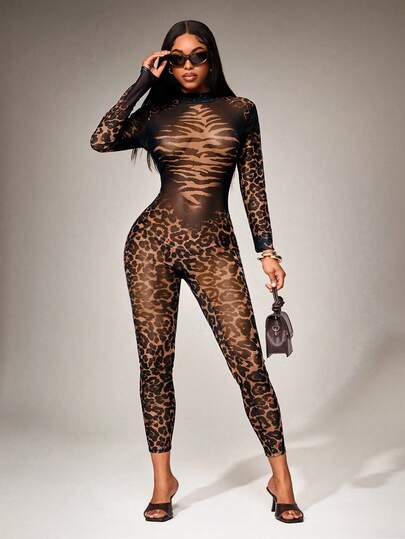 Radiana Sexy Casual Mesh Leopard Print All-Over See-Through Unitard Jumpsuit, Suitable For Nightclub, Party, Gathering, Leisure,Street Style,Western Wear,Music Festival,Vintage,Minimalism,Concert