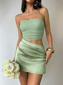 Aloruh 女士优雅缎面纯色镂空褶皱修身迷你抹胸连衣裙，夏季 - 綠色 - 查看 5