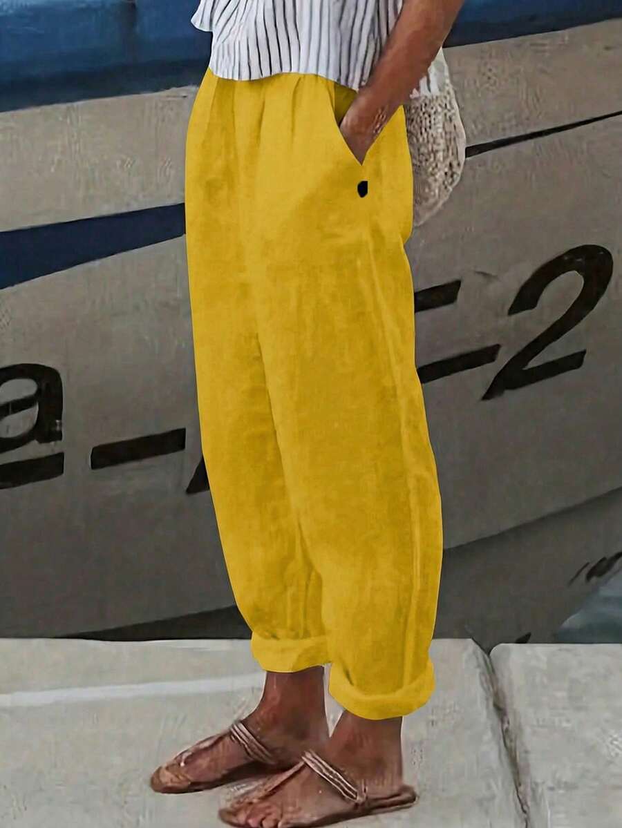 EMERY ROSE Plus Size Women Casual Mustard Yellow Linen Pants,Summer Boho Vacation Holiday Solid Color Elastic Waist Loose Wide Leg Trousers With Side Pockets - Yellow - View 1