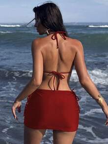 Swim SXY Bộ bikini hở lưng gợi cảm dành cho nữ, kèm dây thắt lưng và váy xếp ly, thời trang đi biển thường ngày bán chạy nhất. - Đỏ - Xem 2