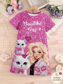 少女數位印花粉色波點可愛貓咪與女孩圖案短袖休閒洋裝，圓領T恤洋裝，適合春夏穿著 - 彩色 - 查看 2