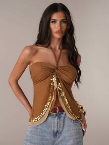 SHEIN BAE Women's Handmade Beaded Halter Neck Brown Tank Top,Brown Sequin,Summer,70s Retro,Club Night,Party Music Festivals,Beach Vacations,Exquisite Craft Top - Brown - View 3