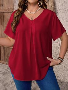 EMERY ROSE 大码V领褶皱夏季短袖休闲纯色上衣，乡村休闲度假风女装，简约时尚日常穿着，夏季女式上衣，夏季女装 - 紅色 - 查看 1