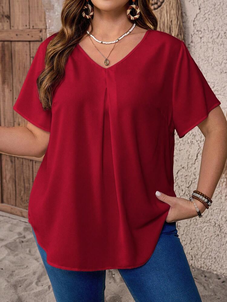 Plus Size V-Neck Ruched Summer Short Sleeve Casual Solid Dressy Top,Country Casual Vacation Outfits Woman,Simple And Fashionable For Everyday Wear,Summer Tops Women,Summer Outfits For Women