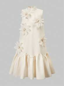 Đầm chữ A không tay, xếp ly, eo thấp, họa tiết hoa thanh lịch dành cho bé gái, thích hợp cho các dịp trang trọng và tiệc tùng, mùa xuân/hè. - Màu be - Xem 4