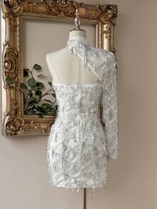 Lovelzi 优雅浪漫时尚的黑色亮片流苏长袖无肩带连衣裙，适合单身派对、婚礼、毕业季、度假、下午茶、鸡尾酒会等场合。 - 白色 - 查看 2