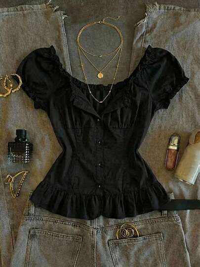 Attitoon Blusa casual de mujer con cuello de escote amplio, mangas abullonadas y volantes, estilo retro oversize, adecuada para el estilo Y2K