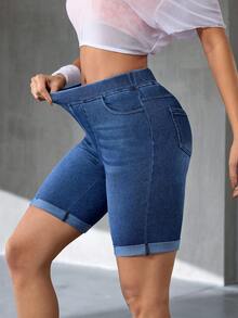 Flexra Dambermudashorts med hög midja och stretchiga skinny jeans - Mediumtvätt - Visa 5