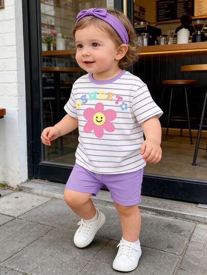 女婴碎花撞色条纹印花休闲T恤和修身骑行短裤套装，适合夏季、上学、居家、户外活动，可爱夏季女童装，韩版风格