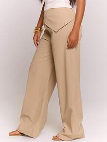 MUSERA Fold Over One Side Waist Wide Leg Trousers Spring Summer Cute Cosy Cottage Core Spring Dew Casual - Khaki - View 3