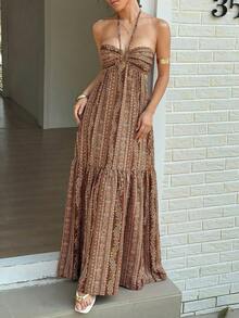 Sunnyshic 女士复古全印花露背吊带连衣裙，夏季 - 咖啡 - 查看 3