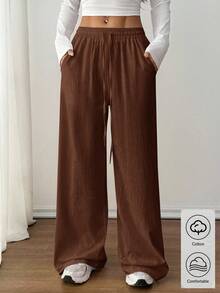 SHEIN PETITE 女士夏季乡村音乐会外出波西米亚海滩度假装扮基本款简约水洗100%纯棉白色弧形裤脚长裤，秋季女装 - 棕色 - 查看 4