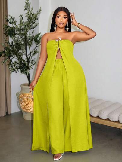 SOLERSUN Conjunto de dos piezas de top maxi fluido y pantalones de pierna ancha con bolsillos, con tela texturizada de lino y algodón, decorado con metal en forma de diamante, estilo de vacaciones en la playa, perfecto para ir al trabajo, de vacaciones o a festivales de música