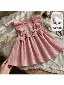 Loomiva Baby Girl Floral Print Round Neck Ruffle Hem Cinched Waist Dress - Pink - View 3