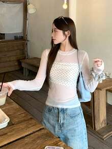 DAZY 女士扎染双层网眼上衣，修身波点T恤衫，春夏款 - 白色 - 查看 6