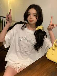 DAZY Women's Round Neck Cartoon Rhinestone Embellished Loose Casual Short Sleeve T-Shirt - White - View 7